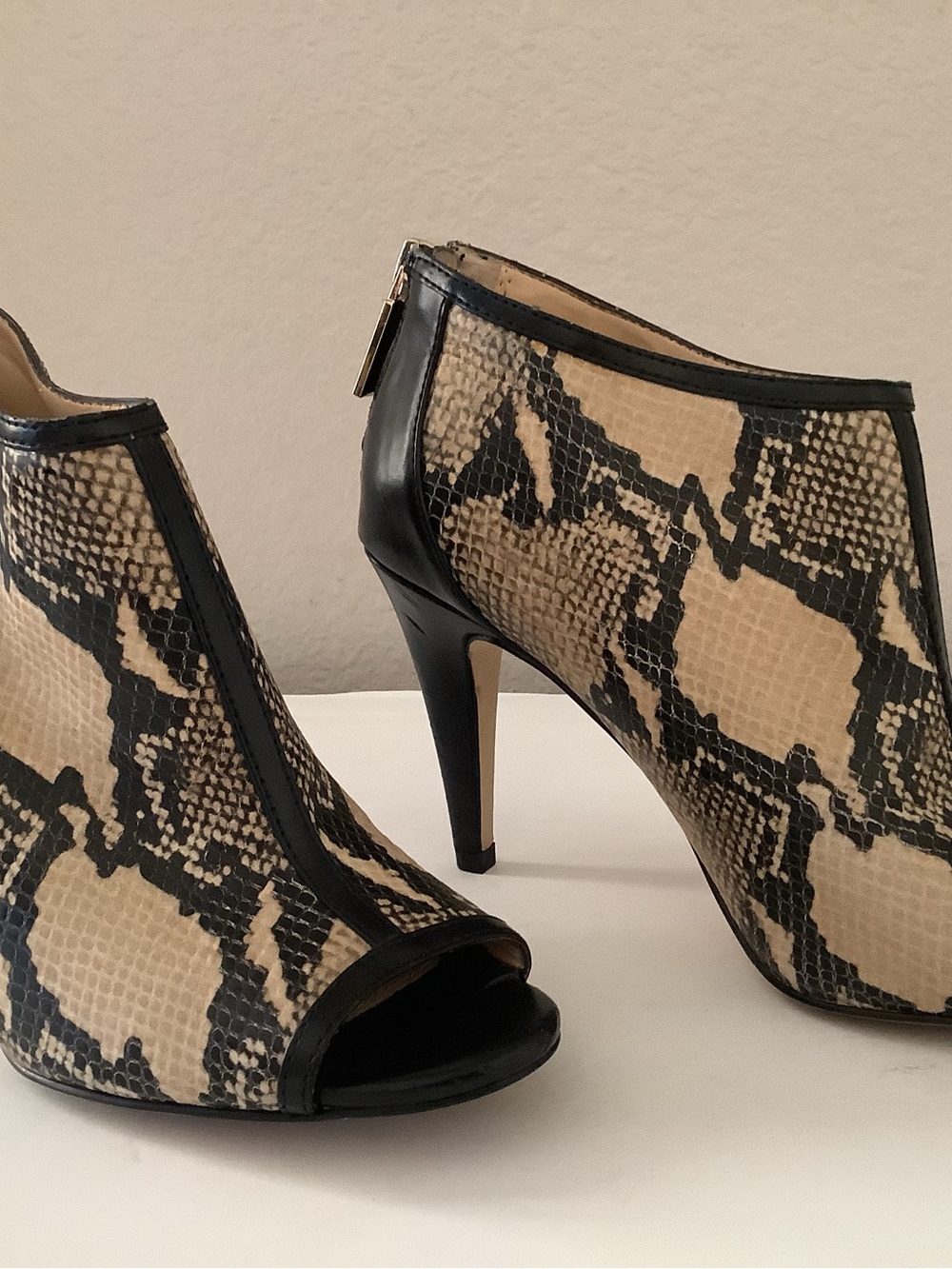 Banana Republic Beige & Black Snake-Print Peep-Toe Ankle Booties